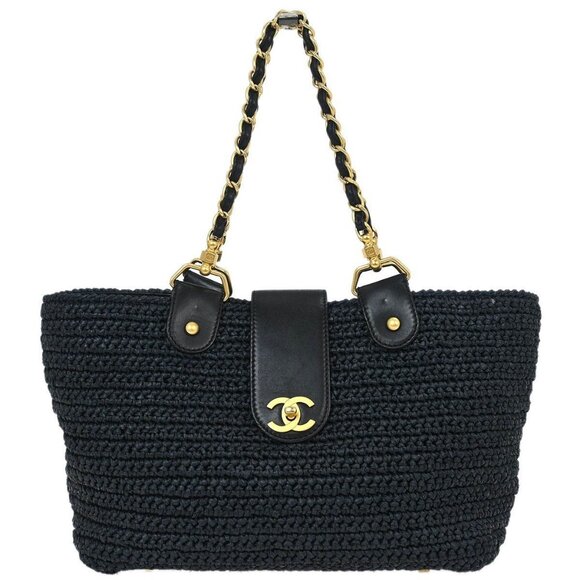 Chanel Navy Straw Chain Tote Handbag 115859 - Picture 1 of 10